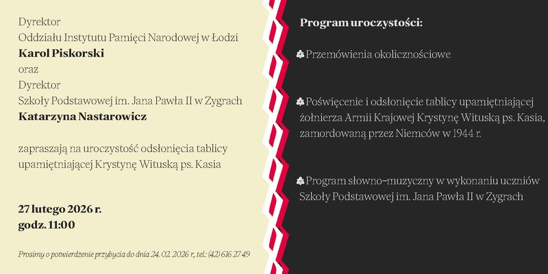 Zaproszenie na uroczystość odsłonięcia tablicy upamiętniającej Krystynę Wituską ps. Kasia.