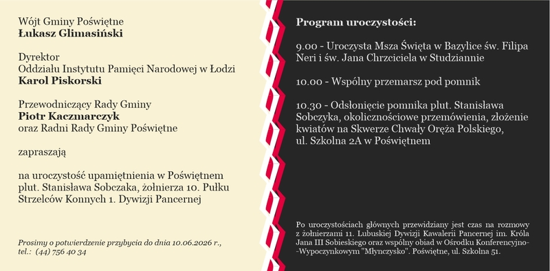 Upamiętnienie plut. Stanisława Sobczaka, żołnierza 10. Pułku Strzelców Konnych 1. Dywizji Pancernej - Poświętne, 14 czerwca 2026 r.