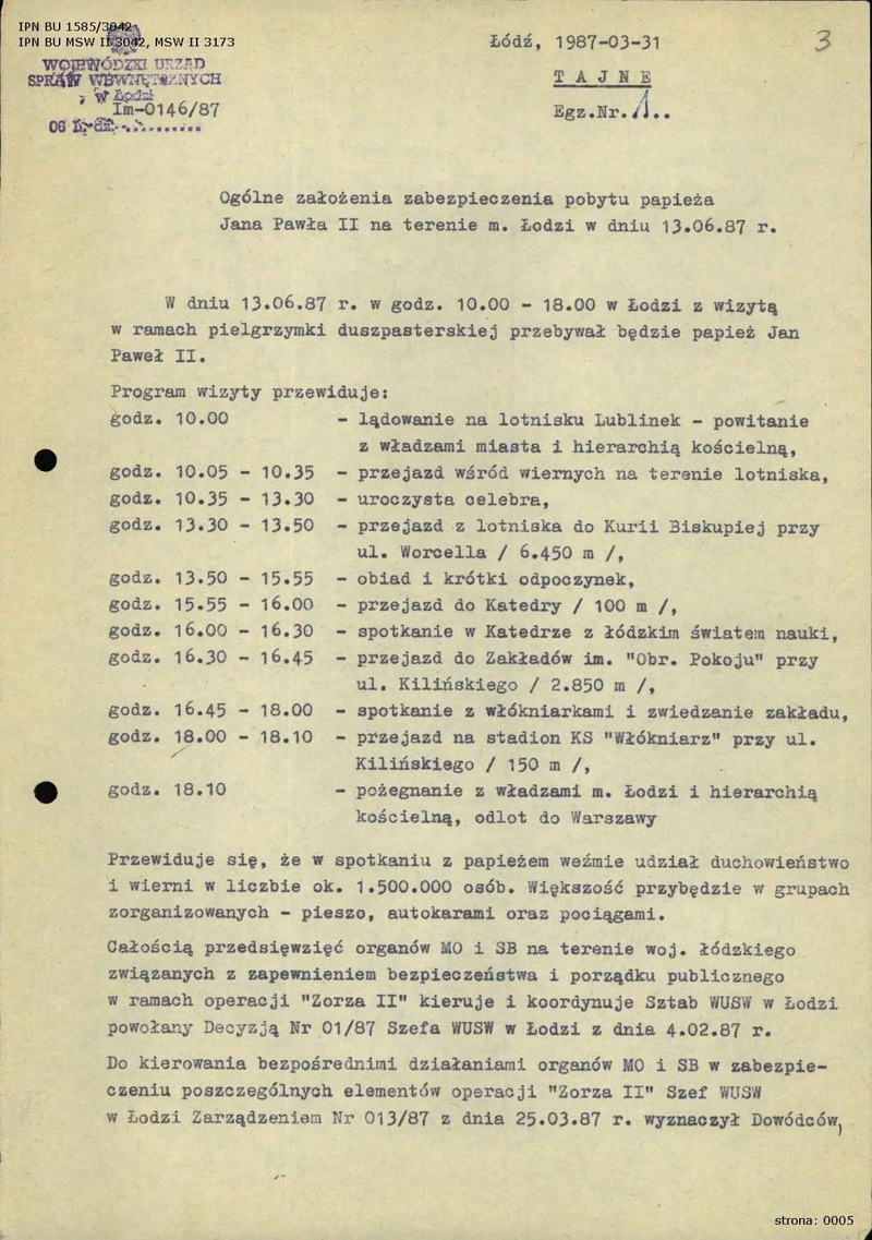 IPN BU 1585/3042, Ogólne założenia zabezpieczenia pobytu papieża Jana Pawła II na terenie m. Łodzi w dniu 13.06.1987 r., 31.03.1987 r., k. 3–6.