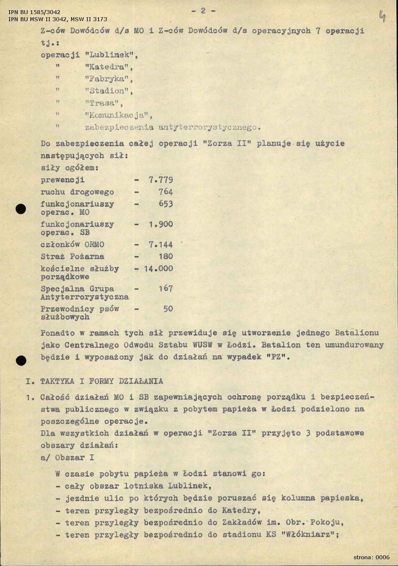 IPN BU 1585/3042, Ogólne założenia zabezpieczenia pobytu papieża Jana Pawła II na terenie m. Łodzi w dniu 13.06.1987 r., 31.03.1987 r., k. 3–6.