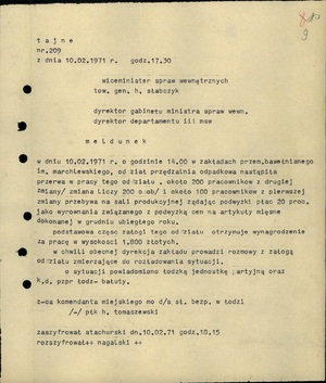 Szyfrogram o sytuacji na terenie Łodzi z dnia 10 lutego 1971 r. (sygn. AIPN Ld 0122/504, s. 9)