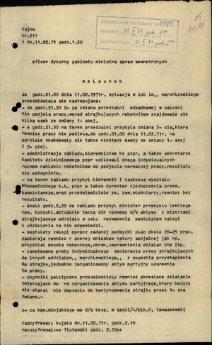 Szyfrogram o sytuacji na terenie Łodzi z dnia 11 lutego 1971 r. (sygn. AIPN Ld 0122/504, s. 11)