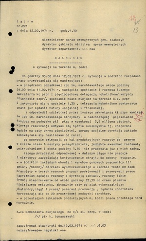 Szyfrogram o sytuacji na terenie Łodzi z dnia 12 lutego 1971 r. (sygn. AIPN Ld 0122/504, s. 13)