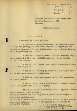 Meldunek o sytuacji na terenie Łodzi z dnia 13 lutego 1971 r. (sygn. AIPN Ld 0122/504, s.19)