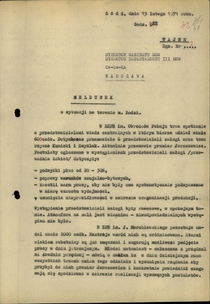 Meldunek o sytuacji na terenie Łodzi z dnia 15 lutego 1971 r. (sygn. AIPN Ld 0122/504, s. 41)