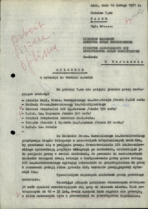 Meldunek o sytuacji na terenie Łodzi z dnia 16 lutego 1971 r. (sygn. AIPN Ld 0122/504, s. 60)