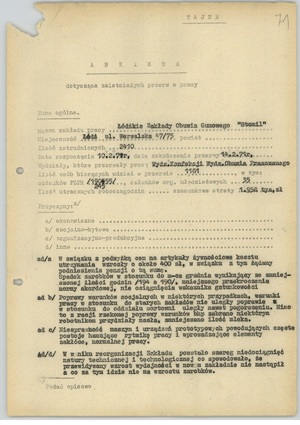 Pierwsza strona ankiety dotyczącej strajku w Łódzkich Zakładach Obuwia Gumowego „Stomil”, b.d. (sygn. AIPN Ld pf 10/749 t. 2, k. 71)