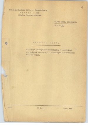 Wstępna ocena sytuacji polityczno-operacyjnej w zakładach gospodarki narodowej i niektórych środowiskach miasta Łodzi z dnia 19 lutego 1971 r., strona tytułowa (sygn. AIPN Ld pf 10/987, k. 1)