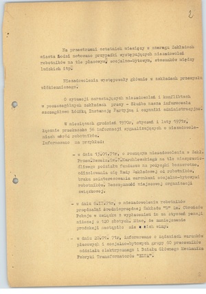 Wstępna ocena sytuacji polityczno-operacyjnej w zakładach gospodarki narodowej i niektórych środowiskach miasta Łodzi z dnia 19 lutego 1971 r., k. 1 (sygn. AIPN Ld pf 10/987, k. 2)