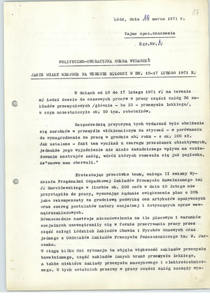 Polityczno-operacyjna ocena wydarzeń w Łodzi z 10 marca 1971 r., k. 1 (sygn. AIPN Ld pf 10/987, k. 17)