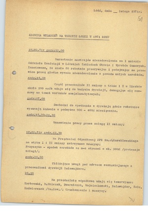 Kronika wydarzeń z terenu Łodzi, luty 1971 r., k. 1 (sygn. AIPN Ld pf 10/987, k. 51)